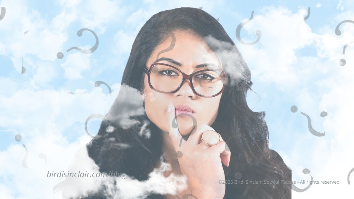 woman with head in the clouds questioning
